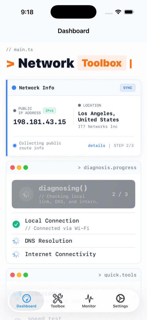 Pingta dashboard – one-tap network diagnosis